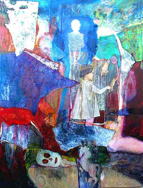 Child painting with death mask on floor