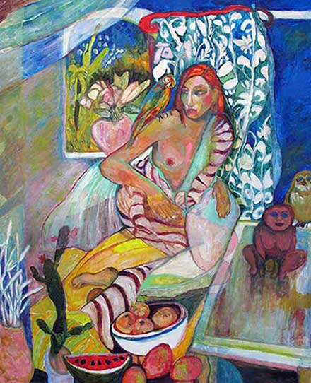 Bare breasted woman at a table