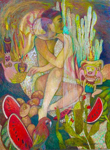 woman sitting with watermelons