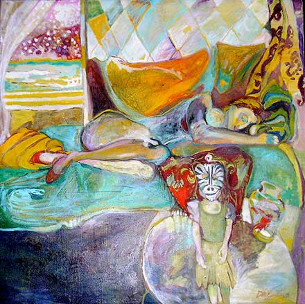 Woman sleeping and child standing with Mexican mask on