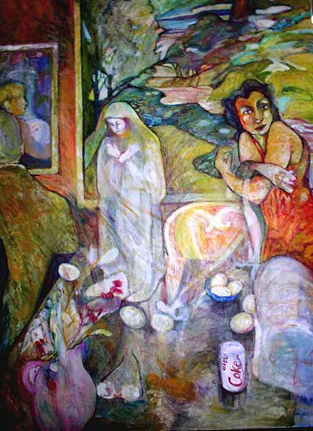 Woman at a table with Madonna