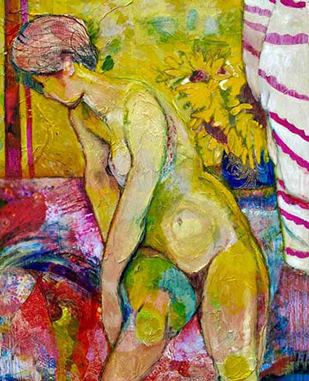 Naked woman and sunflowers