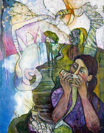 woamn playing the harmonica