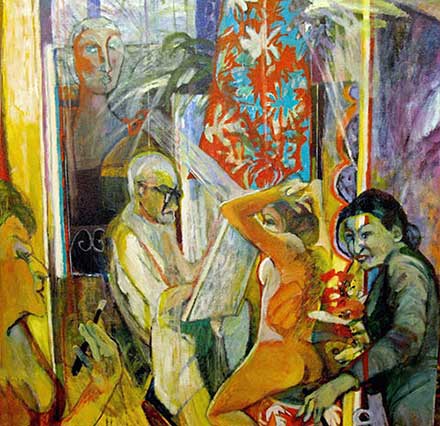 Man painting nude with sneaky woman holding a knife