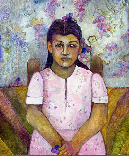Portrait of Rosula in a pink flower dress