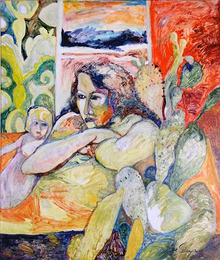 Dixie and her doll in a thinking pose