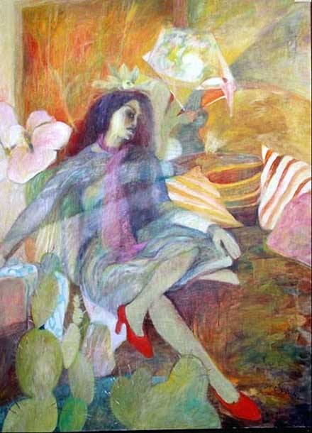 Woman reclining with red high heels