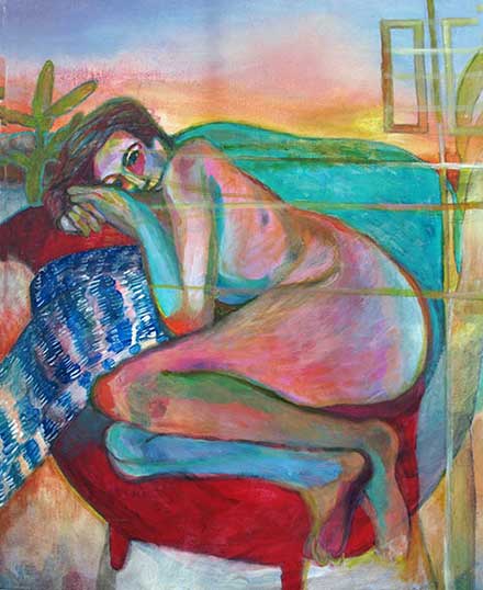 Nude woman in chair staring out