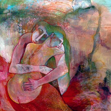 Nude man and woman in embrace