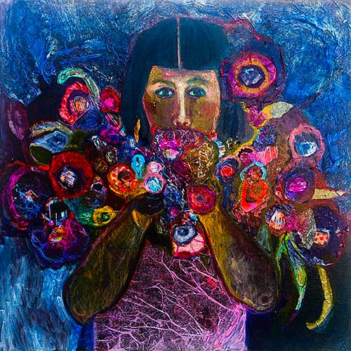 Painted collage woman with boquet of flowers.