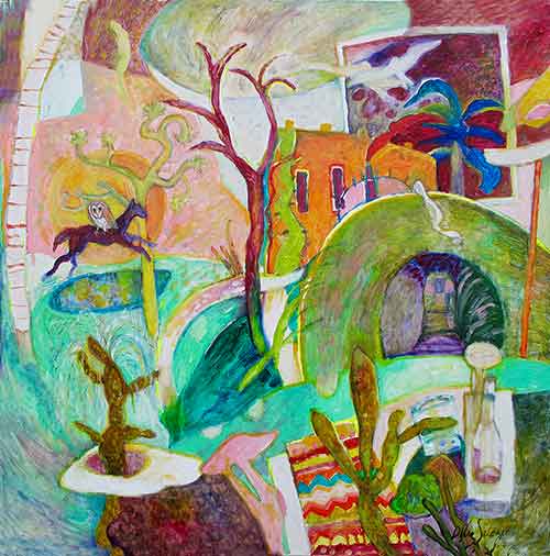 Owl riding a horse in a town with cactus and dead tree