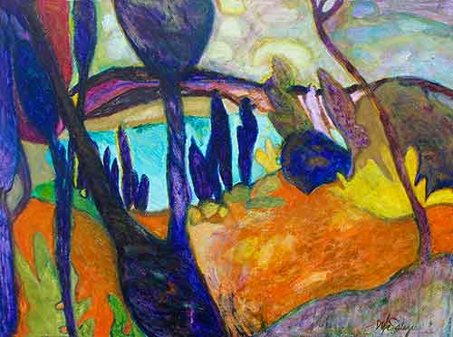 Blue trees near a lake with orange ground