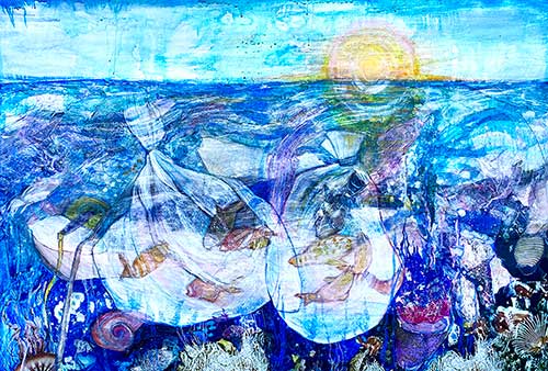 Fish swimming in plastic bags.