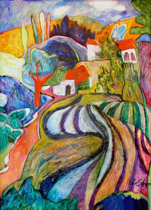 Winding Road and Fantasy cottages in rolling hills