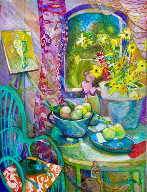 table with flowers and pears