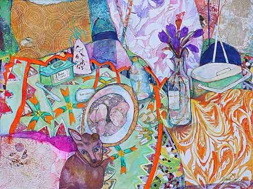 Cat, table and flowers