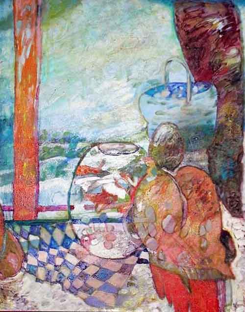 Fish in bowl near ocean