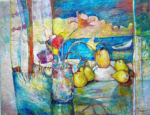 Pears on table near window