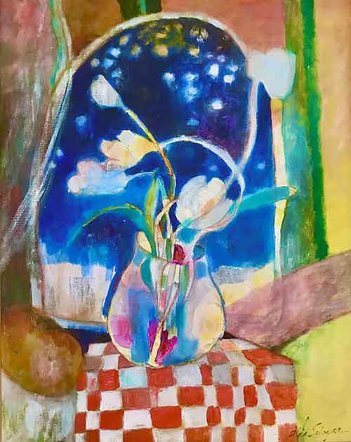 Tulips on checkered table cloth