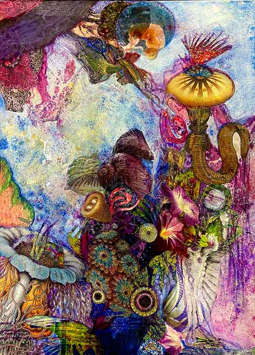 Painted collage abstract unusal plants.