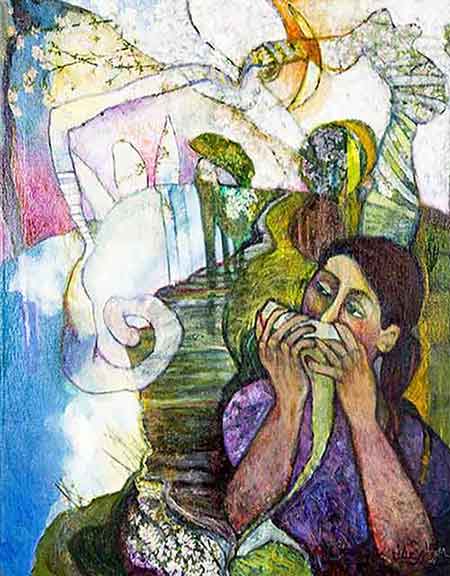 'Woman playing harp to a cat