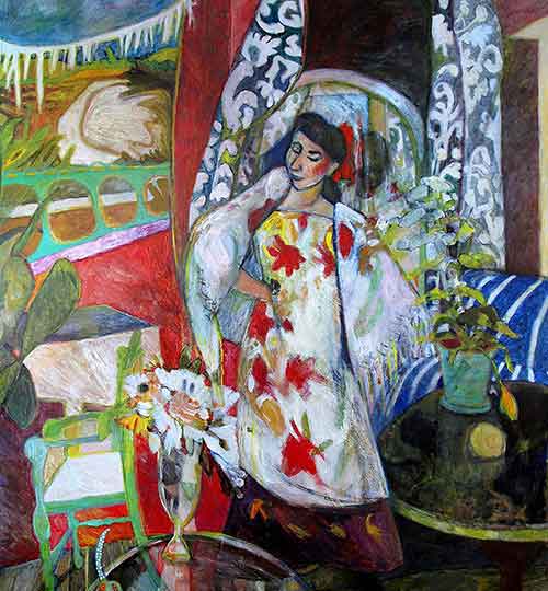 Woman in a Spanish Shawl with flower dress